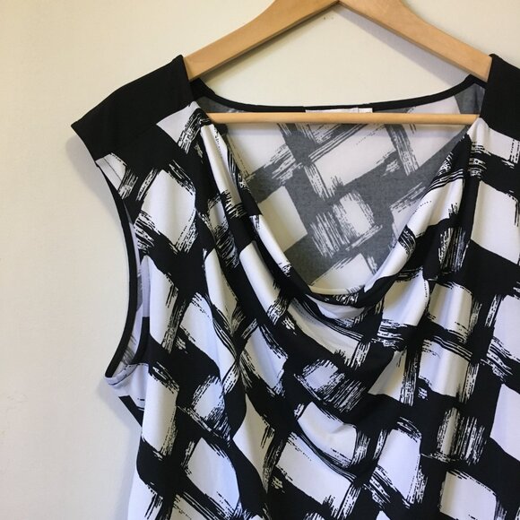 B&W Canadian Spy Movie Paint Blotched Ruched Waist Cowl Neck Tank Top - Picture 3 of 15